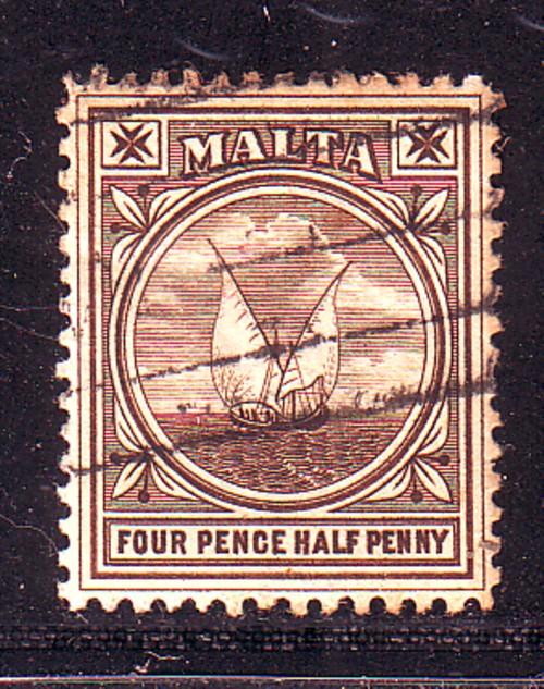 Malta Sc 15 1899 4 1/2d Gozo Fishing Boat stamp used