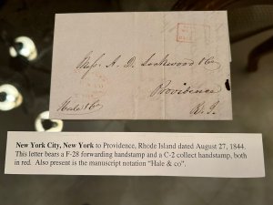 Hale & Co. Stampless Cover NYC to Providence LV6943