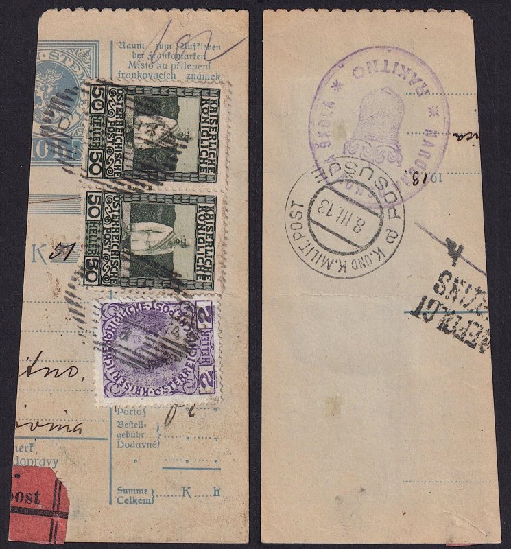 Austria - 1908 - Scott #111a,121(pair) - used on piece of postal form