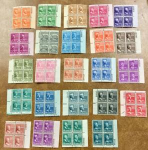 US #803- 826  1938 Prexie Short set to 21c  24 Plate Blocks of 4, NH F/ VF 