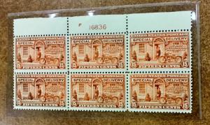 E13 Top plate BLOCK of 6  1925  Special Delivery NH  MINOR Oxidation CV $700  