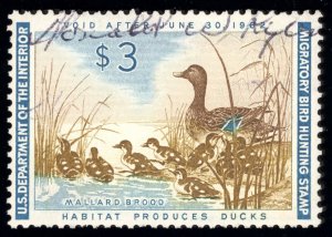 US Scott RW28 Used $3 1961 Hunting Permit Mallard Hen & Ducklings T832 bhmstamps