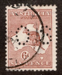 1923 Australia Sc #49 - 6 Pence - Kangaroo & Map, Used OS Perfin Cv$7.25