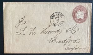 1891 San Jose Costa Rica Postal Stationery Cover  To Bradford England