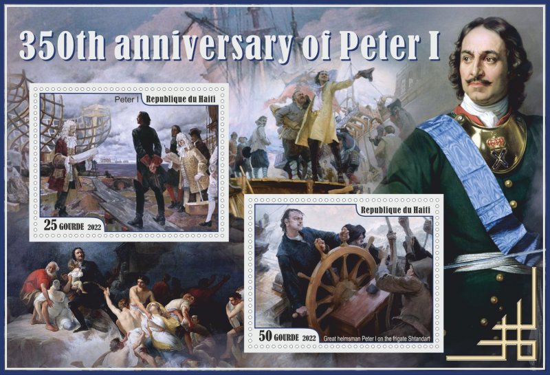 Stamps. Ships. 350 anniversary Peter I 2022 year Haiti 1+1 sheet perforated