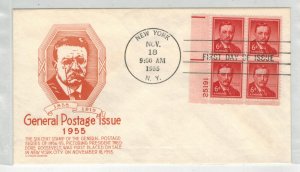 1955 PLATE # BLOCK FDC LIBERTY SERIES 1039 TEDDY ROOSEVELT ANDERSON IN ORANGE