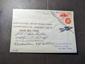 1936 USA Trial Flight Rocket Mail #3 Cover to McAllen TX Pilot Signed 6