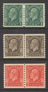 Canada Sc# 205-207 MNH Pairs 1933 1c-3c KGV Medallion Coil Stamps