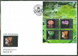 NIGER 2013 MINERALS SHEET OF FOUR STAMPS JASPER AMETHYST MALACHITE QUARTZ FDC