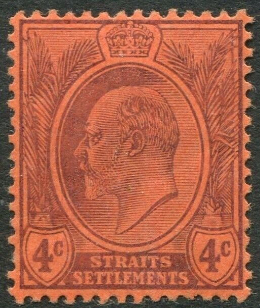 STRAITS SETTLEMENTS-1904 4c Purple/Red Sg 129 LIGHTLY MOUNTED MINT V50182