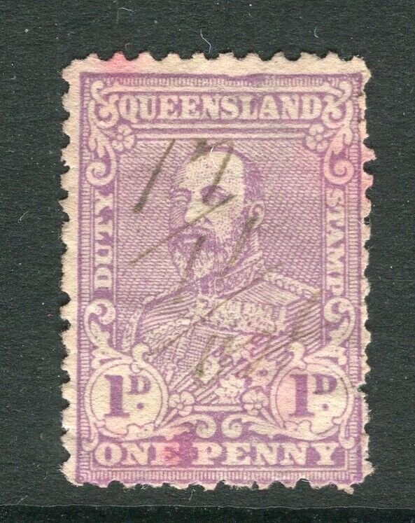 QUEENSLAND; Early 1900s Ed VII Stamp Duty issue fine used 1d. value