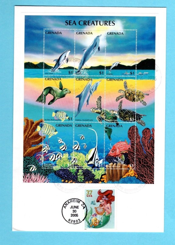 USA # 3914 Disney ( Ariel) combo Grenada #2587 S/S  Combo FDC by Hideaki Nakano