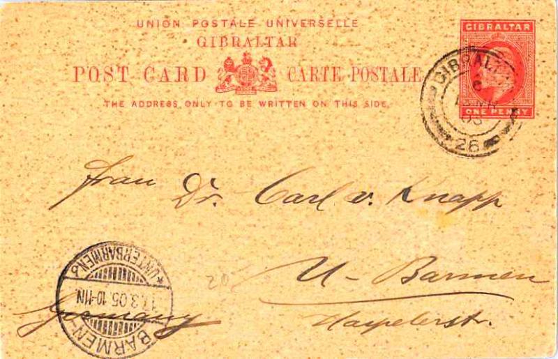 Gibraltar 1d KEVII Postal Card 1905 Gibraltar, 26 to Barmen, Germany.