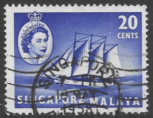 Singapore Scott 36 Used, 20c violet blue Cocos Keeling Schooner issue of 1955