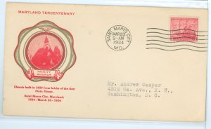 US 736 1934 3c Maryland Tercentenary on an addressed FDC with a rice cachet.