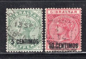 Gibraltar 1889 QV 5 + 10 CENTIMOS Overprints VF Used #22-23 CV$53