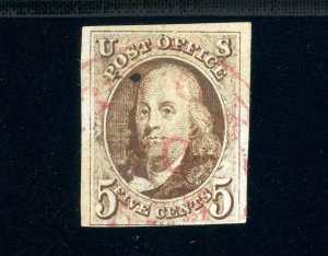 USAstamps Used VF US 1847 Franklin 1st Stamp Scott 1 Var +Magenta Cancel +Cert 