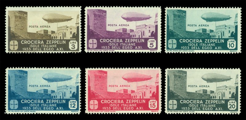 Italian Colonies AEGEAN ISLANDS 1933 AIRMAIL ZEPPELIN over Rhodes Sc C20-C25 MLH