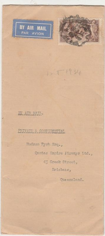 GREAT BRITAIN 1934 KGV SEAHORSES 2/6 AIRMAIL COVER TO AUSTRALIA