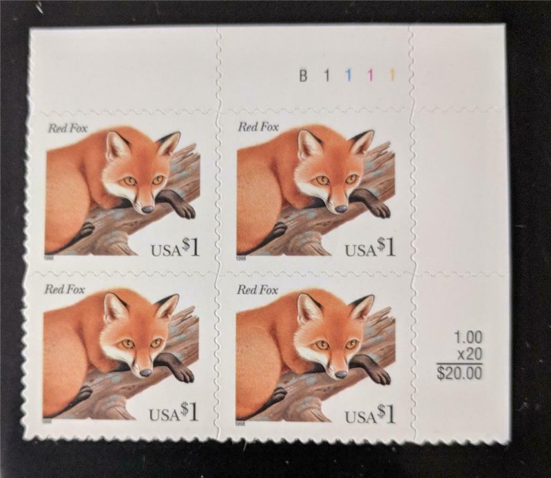 US Stamp #3036 Mint NH - RED FOX 1998 - Plate Block of 4 - Very Scarce