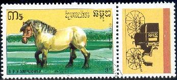 Horse, Brabant, Cambodia stamp SC#978 Used, with label