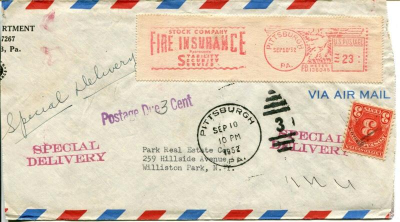 Airmail Special Delivery Mailomat Postage Due Cover 1952  