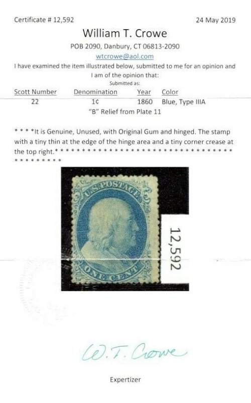 US SCOTT #22, Mint-Fine-OG-Hinged, Crowe Certificate, Thin, SCV $2200 garyposner