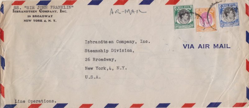 Singapore 20c, 25c and 50c KGVI 1951 Singapore Airmail to New York, N.Y. Crea...