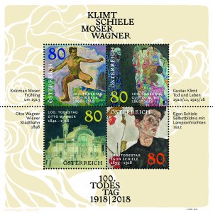 Stamps Austria 2018 - 100th anniversary of the death of Klimt. Schiele. Moser. W