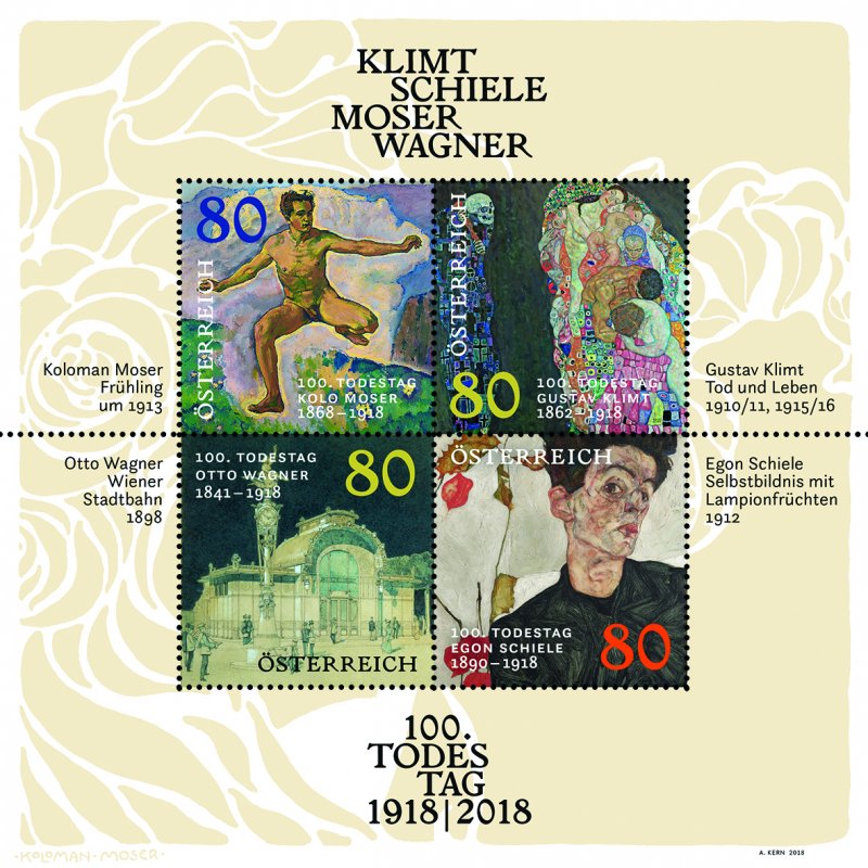 Stamps Austria 2018 - 100th anniversary of the death of Klimt. Schiele. Moser. W