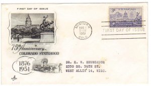 US 1001 (Me-5) 3c Colorado Statehood single on FDC Artcraft Cachet ECV $7.50