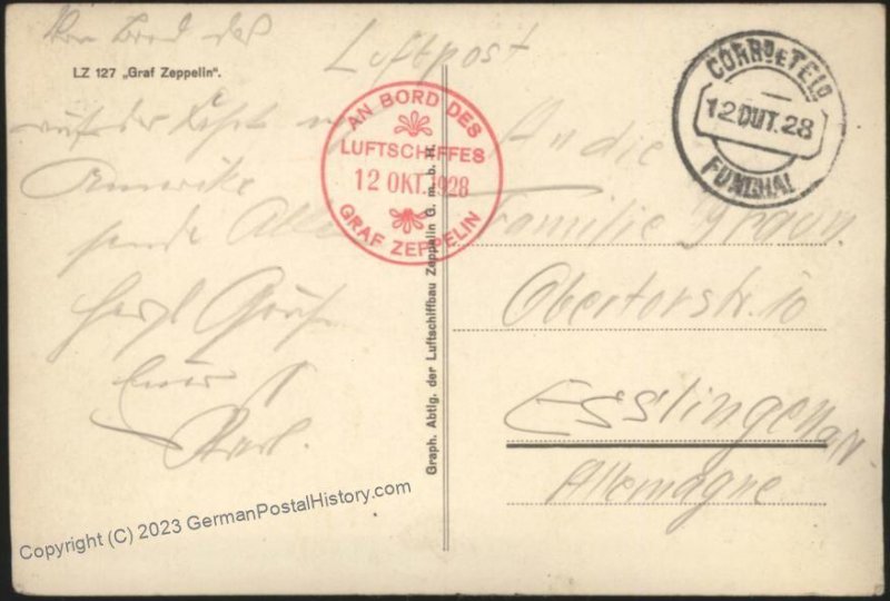 Germany 1928 Graf Zeppelin USA FUNCHAL DROP Mi7Ie Bordpost Beuerle CREW C 110951