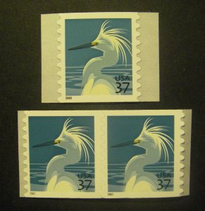 Scott 3829, 37c Egret, Pair & Single, V/P, MNH Coil Beauties