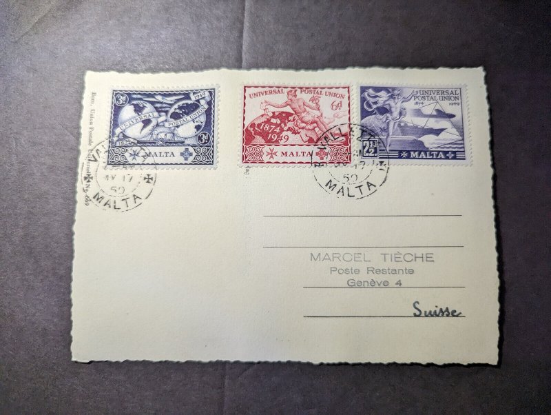 1950 British Malta Postcard Cover Valletta to Geneva Switzerland