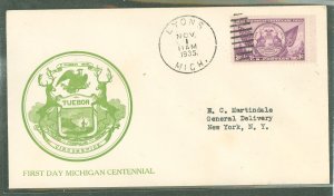 US 775 (1935) 3c Michigan Centennial (single) on an addressed (typed) First Day cover with an unofficial cancel (Lyons, Mich) an