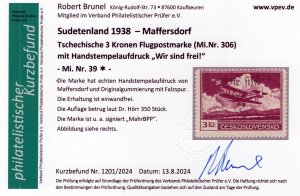 GERMANY OCCUPATION SUDETENLAND MAFFERSDORF AIR MAIL MICHEL 39 PERFECT MH