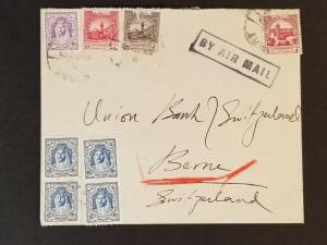 1928 Transjordan Ottoman Bank to Berne Switzerland Multi Franking Air Mail Cover