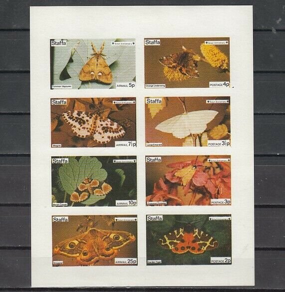 Staffa Local. 1974 issue. Butterflies IMPERF sht of 8. Scout Anniv. on sheet. ^