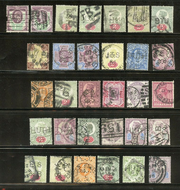 GREAT BRITAIN FABULOUS LOT OF PERFIN STAMPS VICTORIA TO GEORGE V USED AS SHOWN