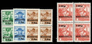 Austria #B128-131 Cat$320+, 1935 Winterhelp, set of four blocks of four, neve...