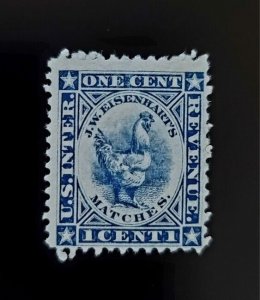 1876 1c U.S. Internal Revenue RO80d J. W. Eisenhart’s Matches stamp, Blue