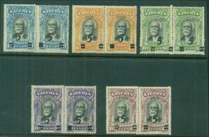 LIBERIA #178-82v, Complete set of Pairs showing Normal & Italic 2 in 1920