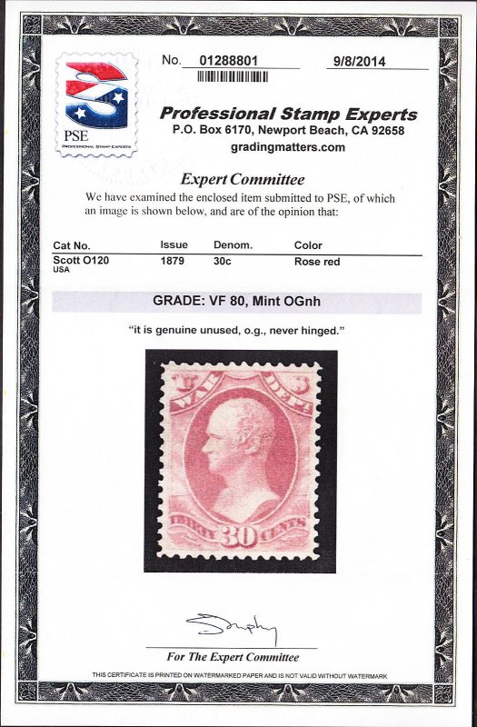 US O120 30c War Department Mint VF OG NH w/ PSE 80 Cert