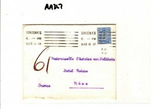 GB Cover KEVII PERFIN *BR/TO* London 1910 Nice HOTEL SUISSE {samwells}AA367