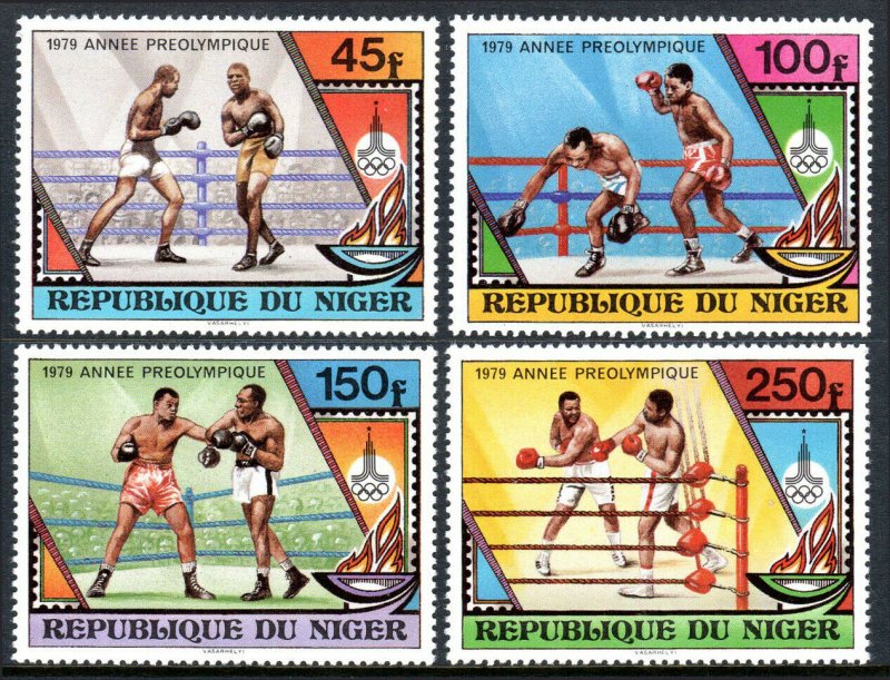 Niger 484-487, MNH. Pre-Olympic, Moscow-1980. Boxers, Flame, Olympic Emblem,1979