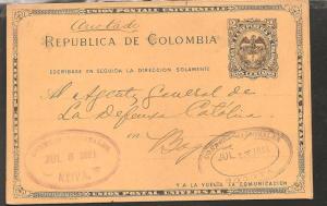 O) 1891 COLOMBIA, POSTAL CARD, COAT OF ARMS 2 CENTAVOS, FORM