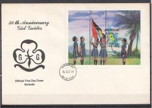 Barbuda, Scott cat. 521. Antigua`s Girl Scout s/sheet o/p. First day cover.