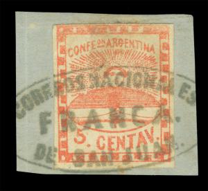 ARGENTINA 1858 Confederation 5c red Sc#1 used VF FRANCA SAN JUAN grey green cx