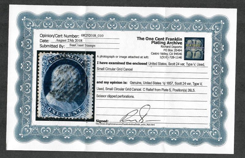 US Sc#24 Var Used/VF-EF, Plate 5 Pos 26L5 Doporto Cert, Cv. $120