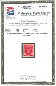 U.S. #J72 MINT OG HR with PSE Cert